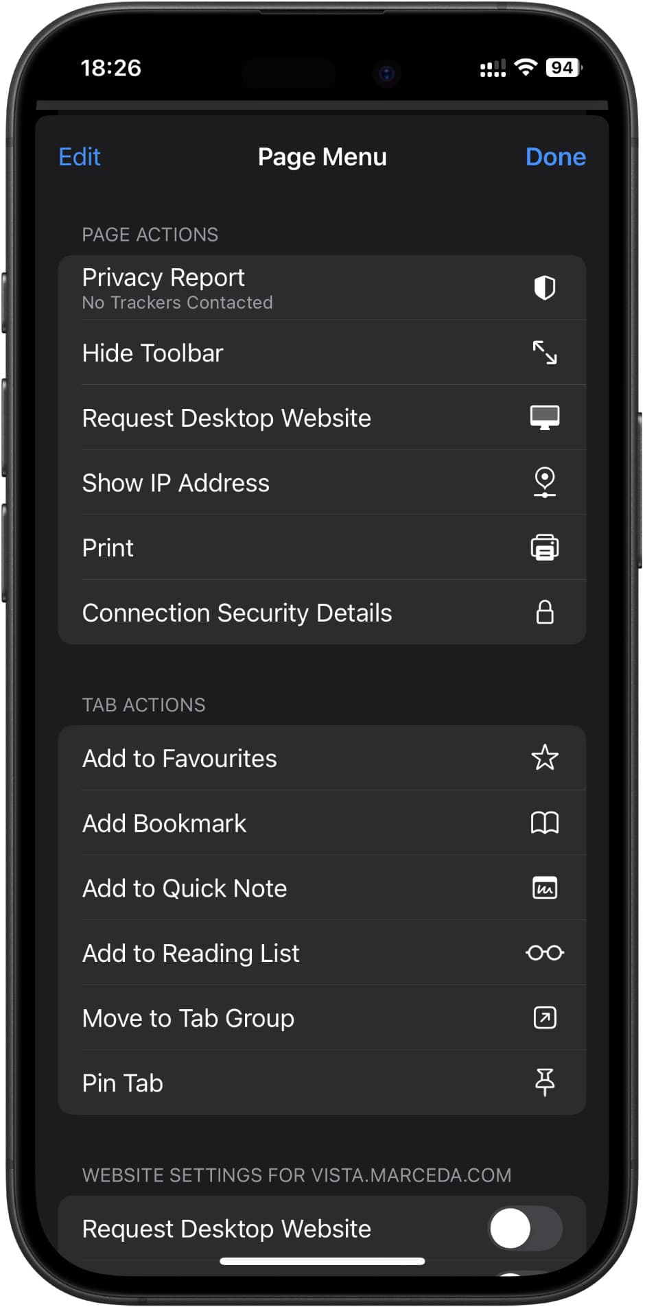 Vista in Safari on iOS